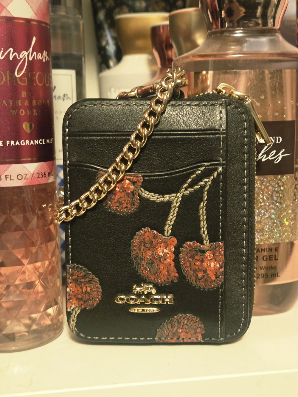 Coach Black Leather Cherry Sequin Cardholder with Gold Chain